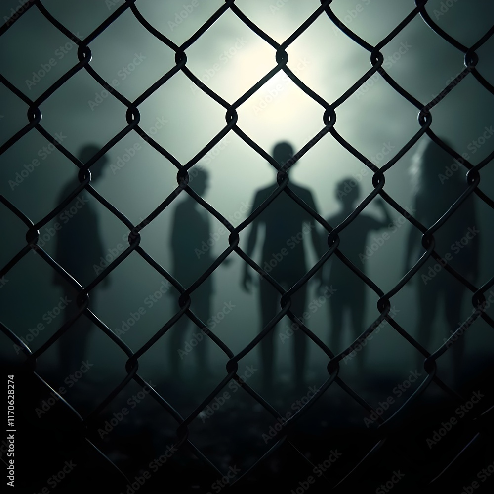 Fototapeta premium Chainlink fence with shadowy figures behind it, human trafficking, captivity