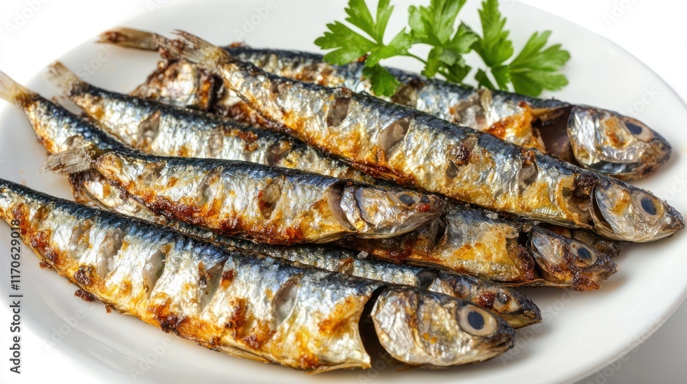 A plate of grilled sardines garnished with parsley. A plate of grilled sardines garnished with parsley.