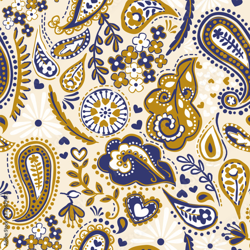 Seamless ethnic pattern of paisley and decorative floral branches. Indian motif. Vector background