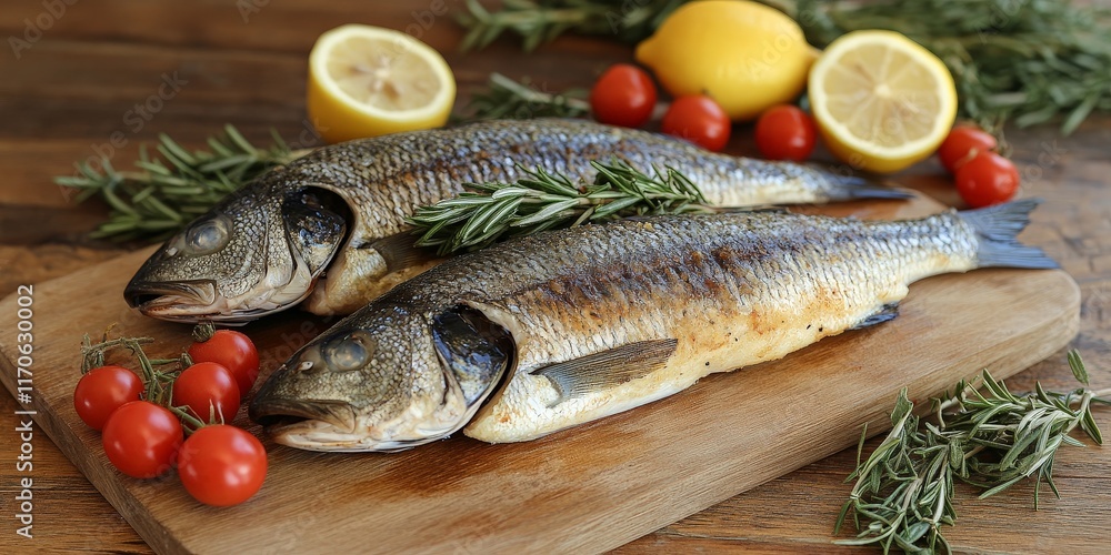 Fresh fish with rosemary and lemon on a rustic wooden board, styled for culinary inspiration, targeting cooking enthusiasts and chefs. Fresh fish with rosemary and lemon on a rustic wooden board, styled for culinary inspiration, targeting cooking enthusiasts and chefs.