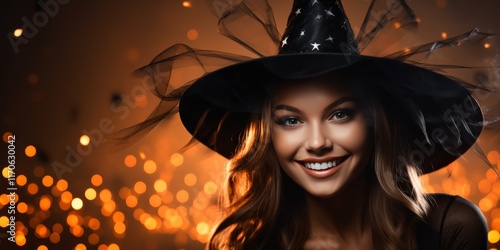 A joyful woman wearing a star-patterned black witch hat with sheer details, surrounded by warm glowing Halloween lights, creating a magical ambiance photo