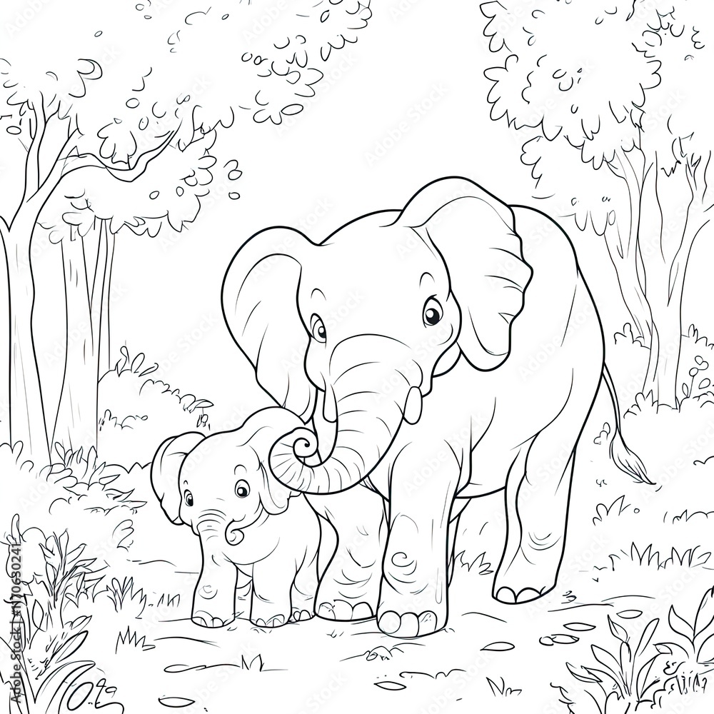 Obraz premium Simple Coloring Page: Adult and Baby Elephant Illustration, Perfect for Kids, Preschool, Toddlers, Educational, Fun