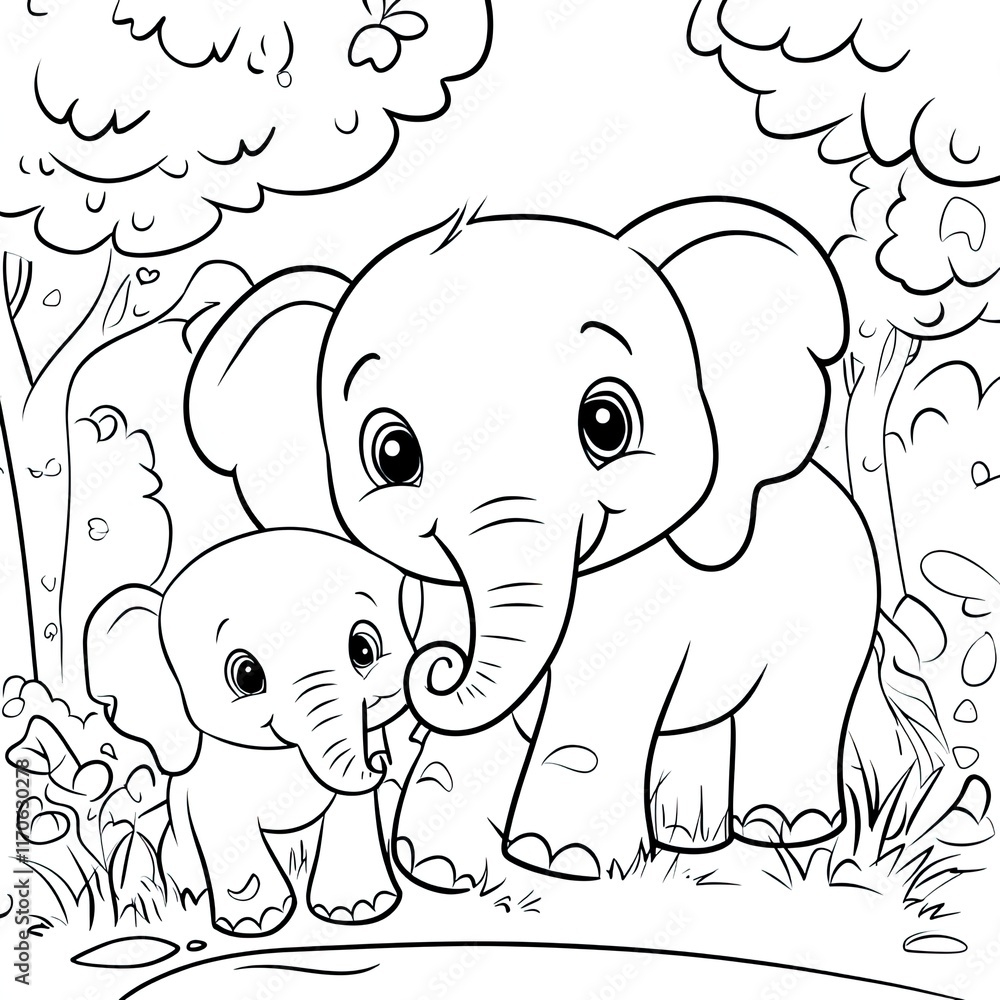Fototapeta premium Simple Coloring Page: Adult and Baby Elephant Illustration, Five Variations