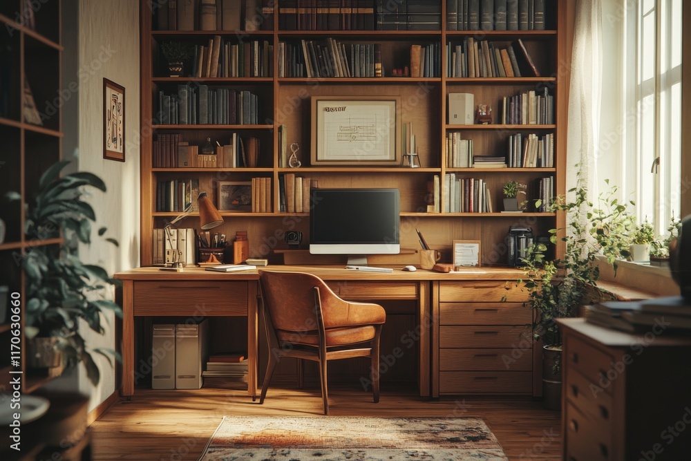Cozy Home Office Study Room Wooden Desk Bookshelves Plants Cozy Home Office Study Room Wooden Desk Bookshelves Plants