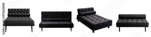 Elegant and luxurious tufted black leather sofa placed in an empty modern living room with minimalist interior design  The sofa features a plush and comfortable upholstery photo