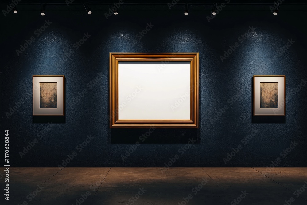 An elegant gallery room with a blank gold-bordered frame on a deep navy wall, illuminated by focused spotlights. An elegant gallery room with a blank gold-bordered frame on a deep navy wall, illuminated by focused spotlights.