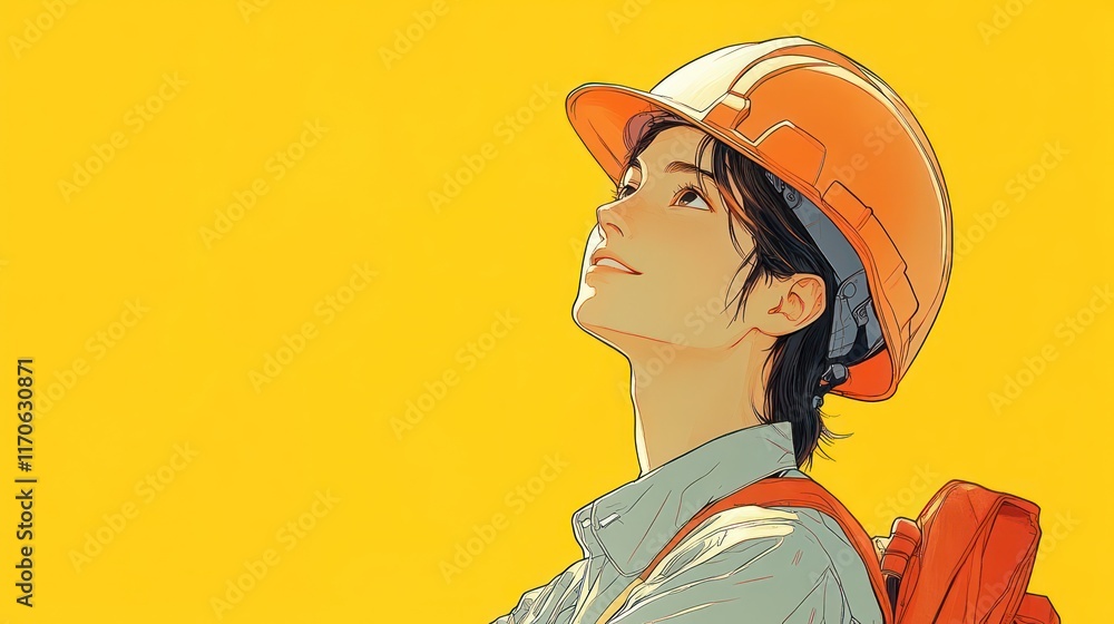 Construction Worker Young Man in Helmet Smiling on Construction Site with Bright Yellow Background Construction Worker Young Man in Helmet Smiling on Construction Site with Bright Yellow Background