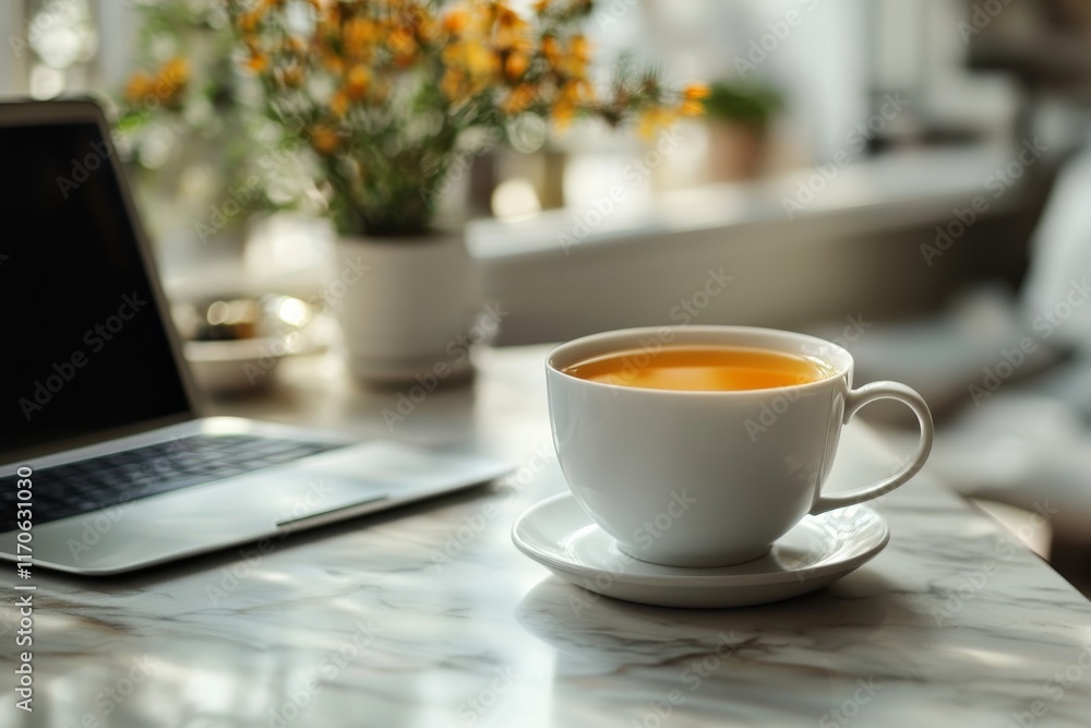 Relaxing Tea Break Laptop Cup Flowers Home Office Relaxing Tea Break Laptop Cup Flowers Home Office