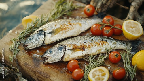 Fresh fish with rosemary and lemon on a rustic wooden board, styled for culinary inspiration, targeting cooking enthusiasts and chefs. photo