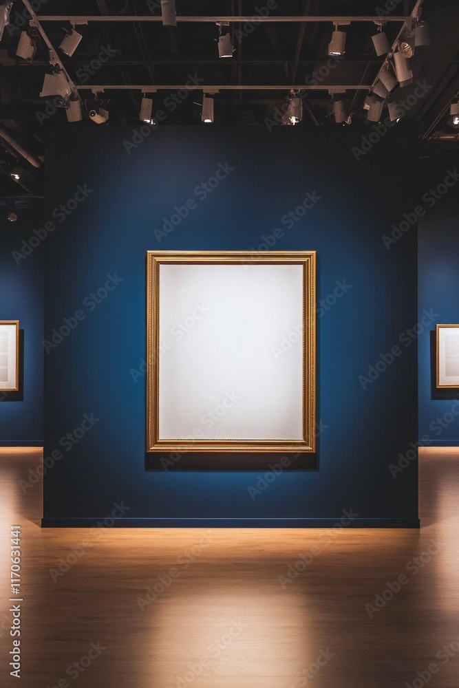 An elegant gallery room with a blank gold-bordered frame on a deep navy wall, illuminated by focused spotlights. An elegant gallery room with a blank gold-bordered frame on a deep navy wall, illuminated by focused spotlights.