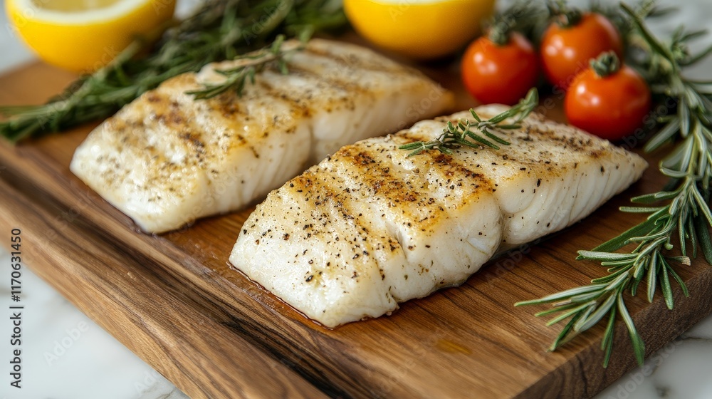 Fresh fish with rosemary and lemon on a rustic wooden board, styled for culinary inspiration, targeting cooking enthusiasts and chefs. Fresh fish with rosemary and lemon on a rustic wooden board, styled for culinary inspiration, targeting cooking enthusiasts and chefs.