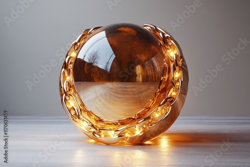 Golden sphere encircled by glowing chain.