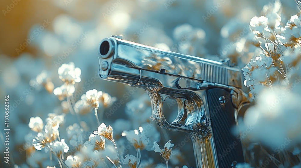 Chrome handgun nestled in white flowers. Chrome handgun nestled in white flowers.