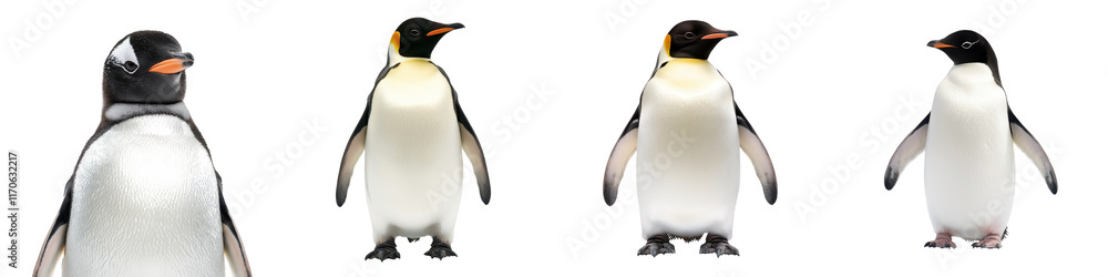Obraz premium Curious group of tuxedo colored penguins waddling and swimming in their natural icy Arctic habitat