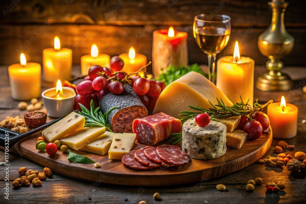 Fototapeta premium Dark and delicious: Gourmet cheese and salami platter, styled for a captivating night.