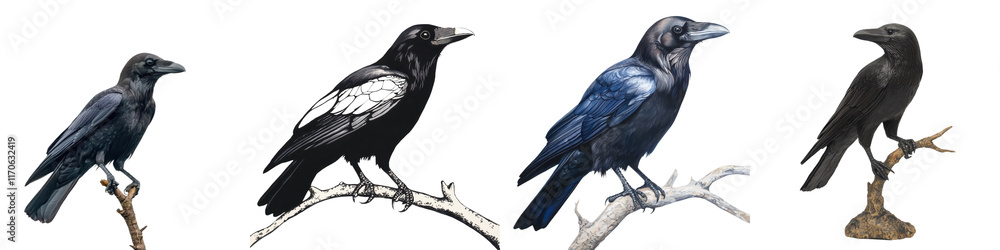 Fototapeta premium Majestic black birds such as ravens crows and jackdaws perched gracefully on bare branches in a natural atmospheric setting with a moody gloomy and mysterious vibe