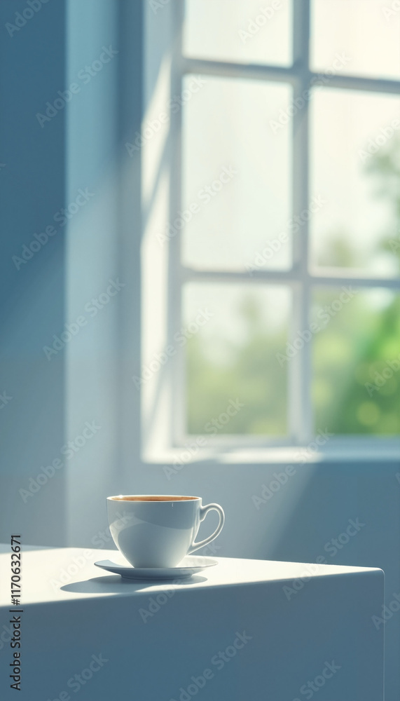 Obraz premium Coffee cup on a white table by the window with soft morning light