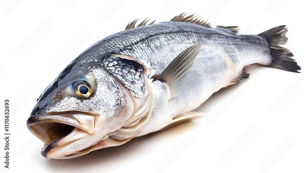 Raw seabass. One fresh sea bass fish isolated on white background with clipping path Raw seabass. One fresh sea bass fish isolated on white background with clipping path