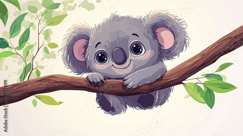 Adorable koala bear cub sitting on a tree branch. photo