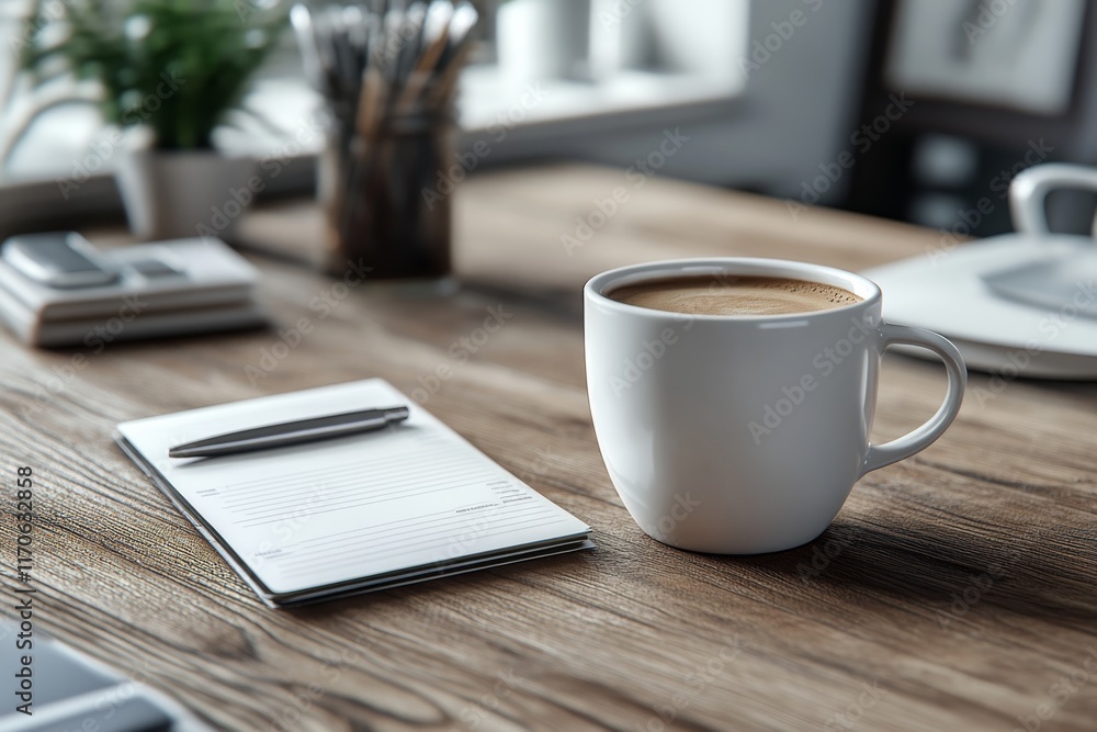 Morning Coffee Notepad Pen Desk Workspace Still Life Morning Coffee Notepad Pen Desk Workspace Still Life