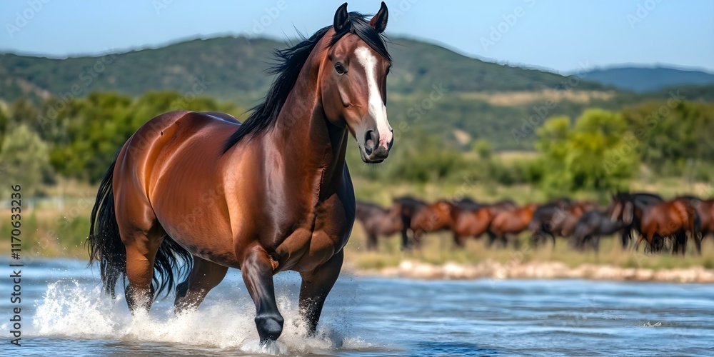 Obraz premium A brown horse splashes through water, with a herd of horses visible in the background against a scenic landscape. Concept Brown Horse Adventure, Water Splashing, Scenic Landscape, Herd of Horses