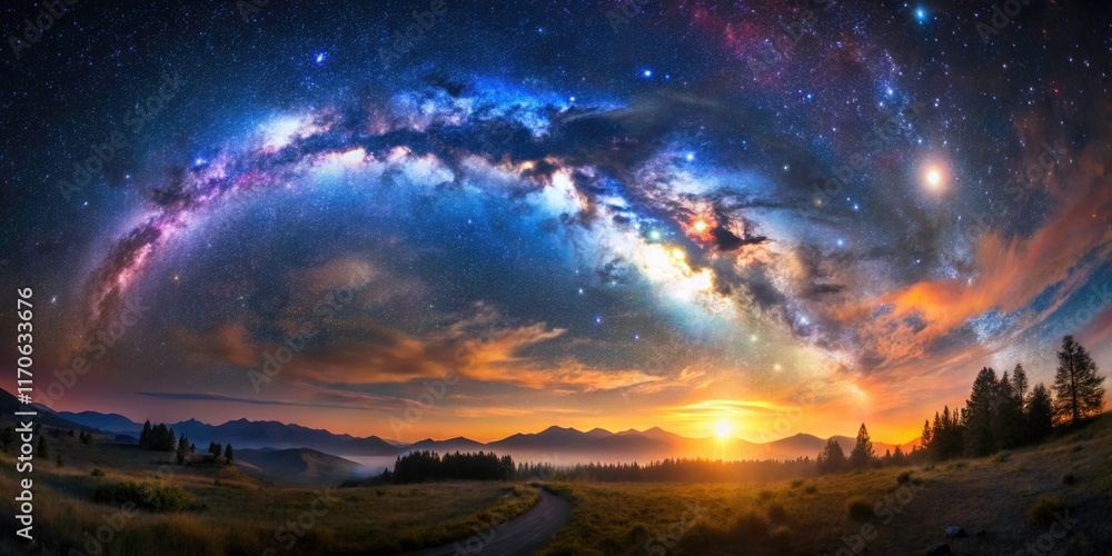 Naklejka premium Captivating Low Light Photography of a Stunning Galaxy and Stars Above a Serene Landscape, Perfect for Astrophotography Lovers and Cosmic Enthusiasts