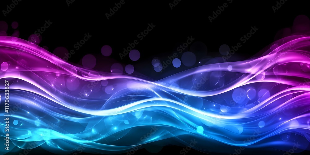 Naklejka premium A vibrant abstract design featuring flowing waves in shades of pink and blue against a black background, with glowing orbs. Concept Vibrant Abstract Art, Flowing Waves, Pink and Blue Color Palette