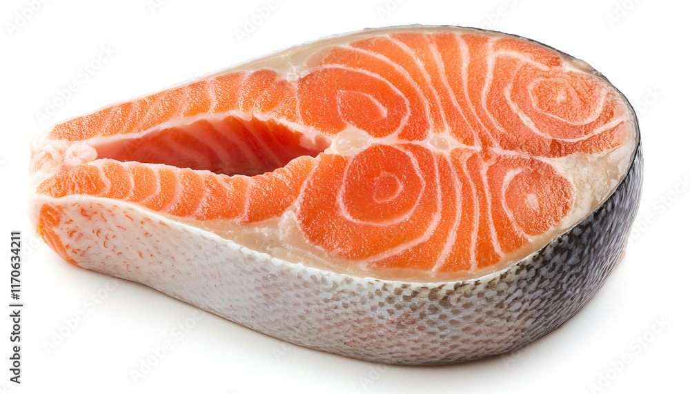 Raw salmon steak. One fresh salmon fish steak isolated on white background with clipping path Raw salmon steak. One fresh salmon fish steak isolated on white background with clipping path
