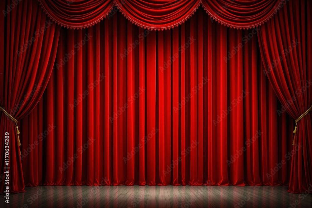 Fototapeta premium Luxurious red stage curtains with detailed folds and tassels, closed against a wooden floor background. Symbolizing theater or performance concepts. Ai generative