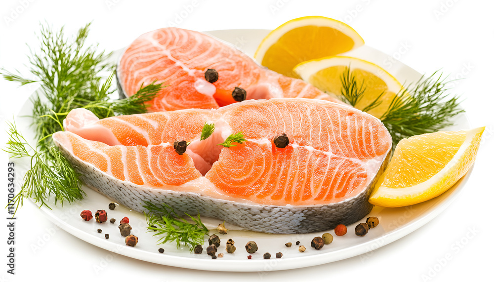 Raw salmon steak. One fresh salmon fish steak isolated on white background with clipping path Raw salmon steak. One fresh salmon fish steak isolated on white background with clipping path