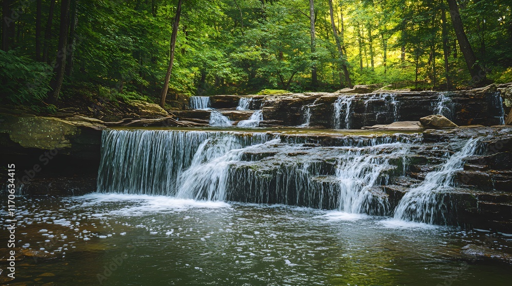 Obraz premium Serene Waterfall Cascades Through Lush Forest Landscape