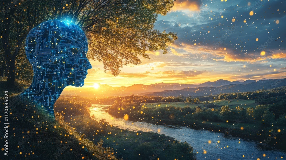 Fototapeta premium A serene futuristic landscape blending nature and AI, with glowing circuits and lush greenery, symbolizing harmony, progress, and sustainable innovation.