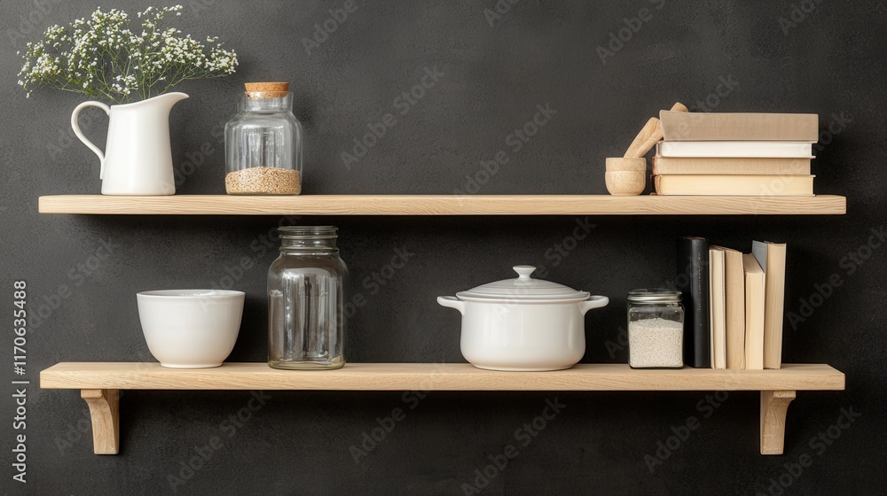 Stylish kitchen and shelf displays, A minimalist display of wooden shelves featuring kitchenware, books, and a vase, creating a cozy and stylish home ambiance. Stylish kitchen and shelf displays, A minimalist display of wooden shelves featuring kitchenware, books, and a vase, creating a cozy and stylish home ambiance.