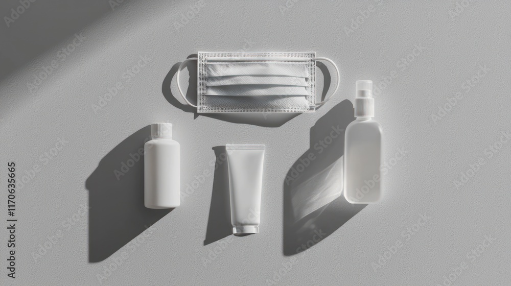 White hygiene products and face mask on gray background White hygiene products and face mask on gray background