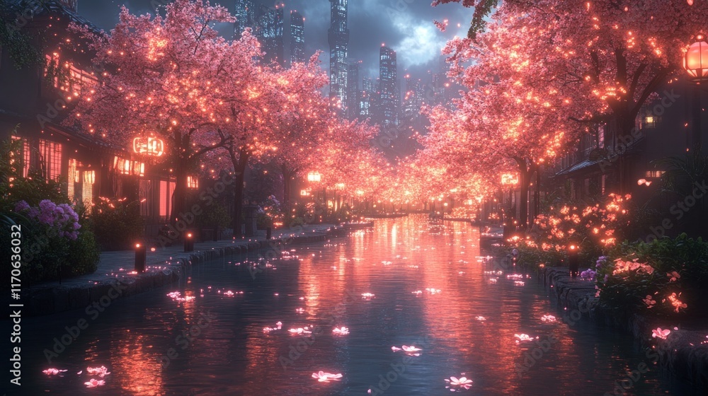 Fototapeta premium Glowing cherry blossoms illuminate canal, futuristic city.