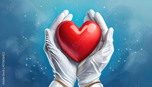 A pair of hands delicately holding a vibrant red heart against a soothing blue background, symbolizing love, compassion, and connection in a visually striking and emotionally resonant composition. photo