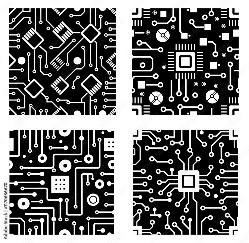 Printed circuit board black and white computer technology seamless pattern. vector illustration