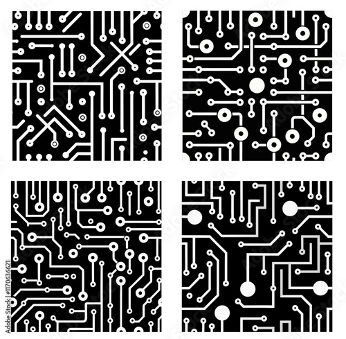 Printed circuit board black and white computer technology seamless pattern. vector illustration