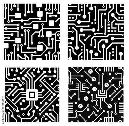 Printed circuit board black and white computer technology seamless pattern. vector illustration