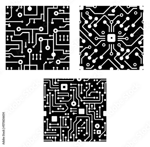 Printed circuit board black and white computer technology seamless pattern. vector illustration