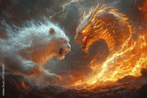 Fiery dragon versus icy lion, epic battle.