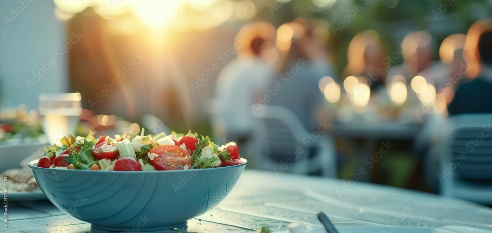 A vibrant salad sits on a table, bathed in golden sunlight, with people enjoying a gathering in the background, creating a warm, inviting atmosphere. A vibrant salad sits on a table, bathed in golden sunlight, with people enjoying a gathering in the background, creating a warm, inviting atmosphere.