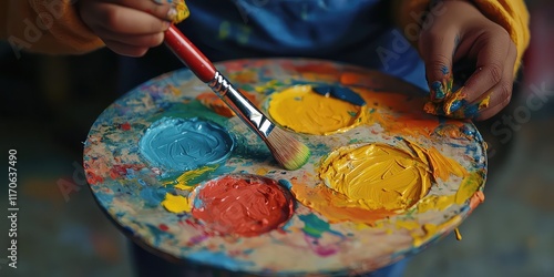 A close-up of a childâ€™s hands holding a brush and mixing colors on a palette.