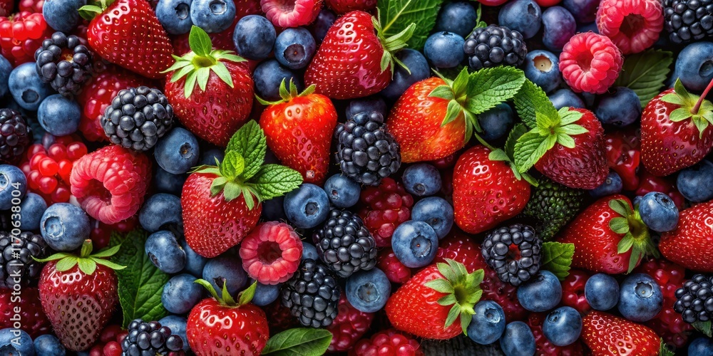 Fototapeta premium Dark berries glow: red raspberries, blueberries, blackberries, and strawberries captured in low light.