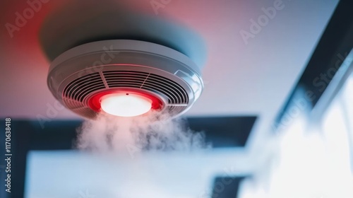 Close-up of a carbon monoxide detector with red alert light on wall, emphasizing safety and home security, essential for household protection and emergency preparedness.