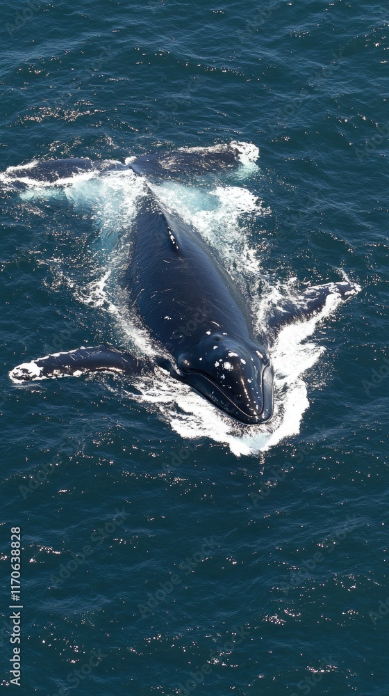 Fototapeta premium Aerial view of a humpback whale swimming in deep blue ocean waters.