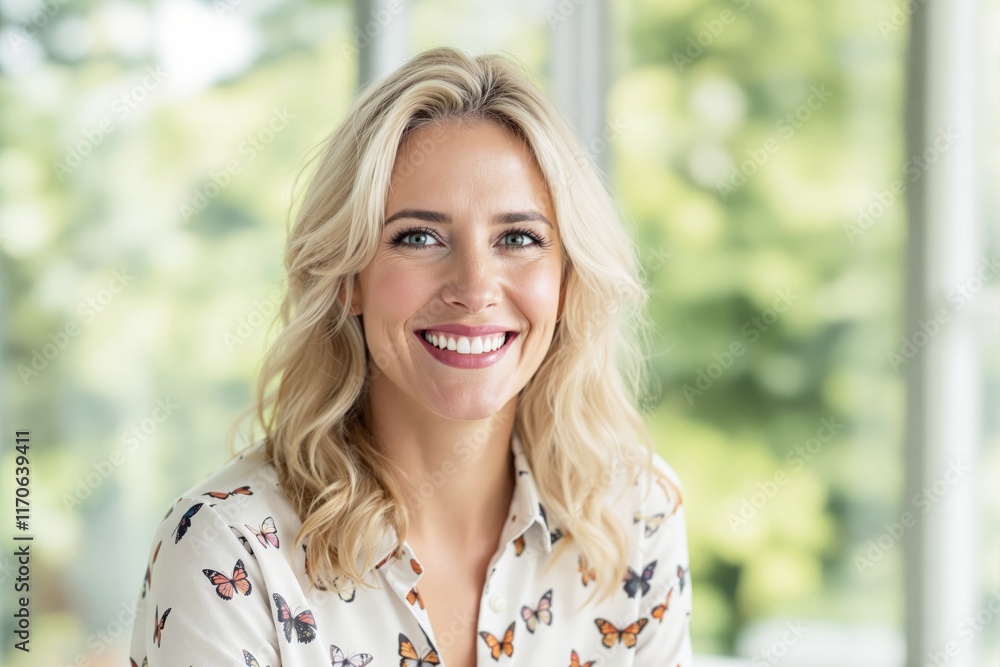 A smiling woman with blonde hair wearing a butterfly-print shirt, sitting in a bright natural indoor setting. Concept of happiness and cheerful moments. Ai generative A smiling woman with blonde hair wearing a butterfly-print shirt, sitting in a bright natural indoor setting. Concept of happiness and cheerful moments. Ai generative