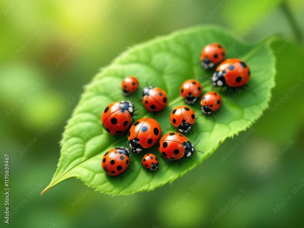 Fototapeta premium Vibrant Ladybugs on a Green Leaf