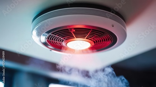 Close-up of a carbon monoxide detector with red alert light on wall, emphasizing safety and home security, essential for household protection and emergency preparedness.