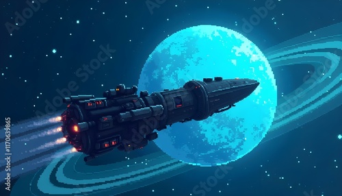 Wallpaper Mural A pixel art portrayal of a spaceship in the universe, set against a backdrop of diverse planets and stars Torontodigital.ca